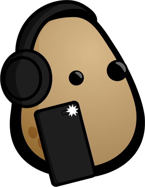 Potato Spuddy with headphones and phone